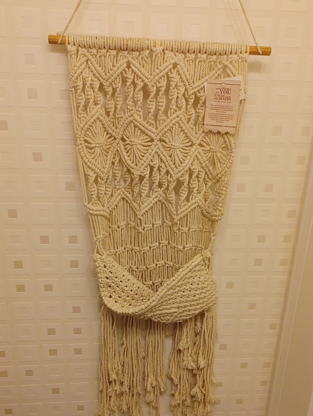 4/$80 New Macrame Wall Hanging From India - Cream Boho Home Accent